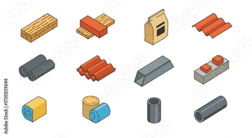 Isometric building materials set with wood, metal, and insulation elements