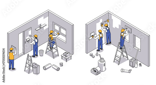 Isometric home renovation scene with workers painting and remodeling walls