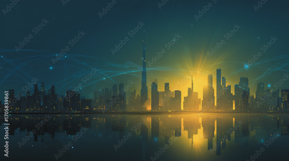 Fototapeta premium Twilight in the Smart digital Innovation city with connection network reciprocity over the cityscape. of future smart wireless digital city and social media networking systems that connects people