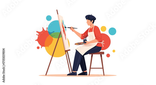 Artist Creating A Colorful Artwork With Abstract Paint Splashes And Circles