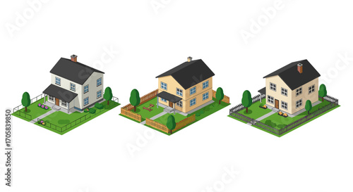 Isometric suburban houses with fences and gardens
