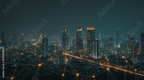 Wallpaper Mural Twilight in the Smart digital Innovation city with connection network reciprocity over the cityscape. of future smart wireless digital city and social media networking systems that connects people Torontodigital.ca