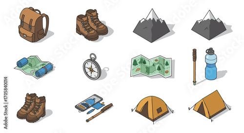 Isometric camping gear set with mountains, tents, and hiking essentials