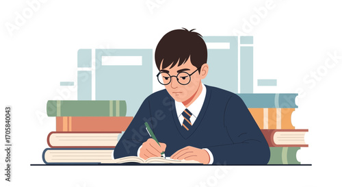 Academic Young Man Concentrating On Writing In Notebook Surrounded By Many Books
