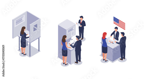 Isometric voting scene with diverse voters at polling stations