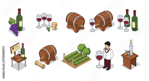 Isometric wine making process with grapes, barrels, and sommelier in vineyard