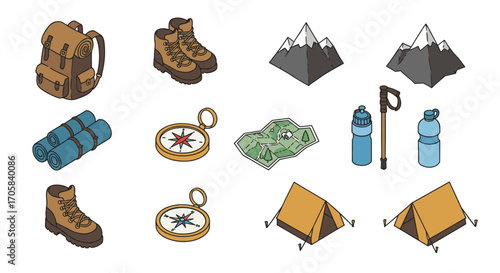 Outdoor adventure gear icons: hiking, camping, and exploration essentials in cartoon style