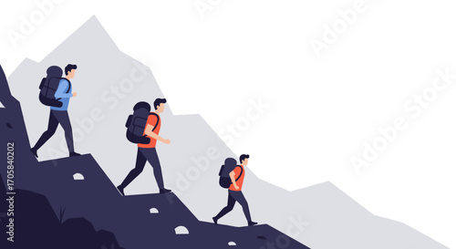 Minimalist hikers descending mountain trail in outdoor adventure scene