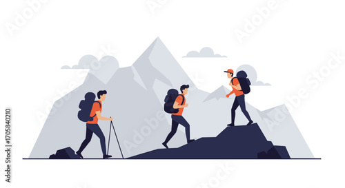 Group of hikers trekking in mountains with backpacks and walking sticks in flat style