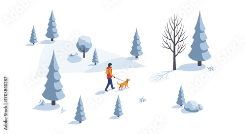 Winter wonderland walk with dog in snowy forest landscape