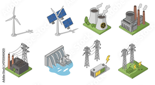 Isometric energy sources set: wind, solar, nuclear, coal, hydro, electricity icons