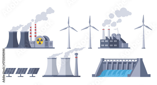 Flat industrial and renewable energy icons set in modern design