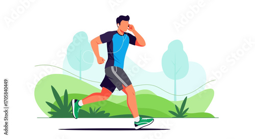 Active Male Running Outdoors While Listening To Music With Green Sneakers And Landscape