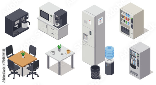 Modern office breakroom elements in isometric style with appliances and furniture
