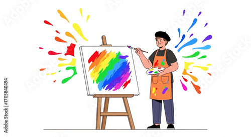 Artist Painting Rainbow Inspired Work with Colorful Splashes and Creativity On Canvas Design