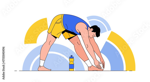 Active Man Stretching, Preparing For Exercise, With Hydration Bottle, Minimalist Design