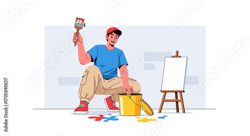 Artist Preparing To Work On The Canvas With Paintbrush And A Bucket Of Colorful Paints