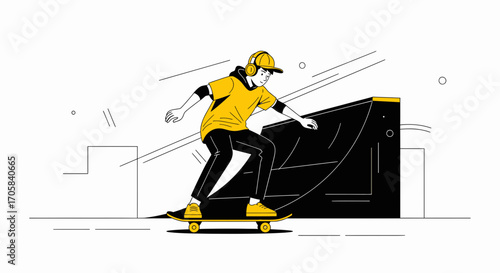 Active Skateboarder Enjoying The Moment Performing A Trick On A Ramp With His Headphones