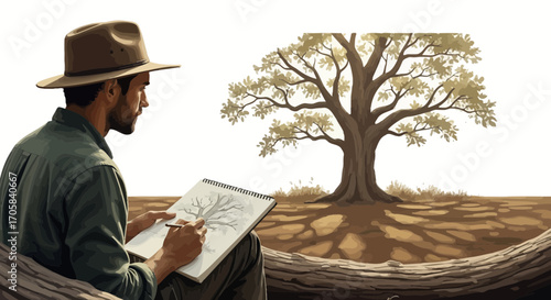 Artist Sketching The Silhouette Of A Large Tree, Perfecting Artistic Mastery In Nature