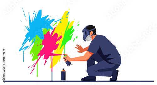 Artist Spraying Colorful Graffiti Art, Protecting Himself From Aerosol and Paint