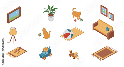 Isometric home elements: furniture, pets, and plants in playful indoor scenes