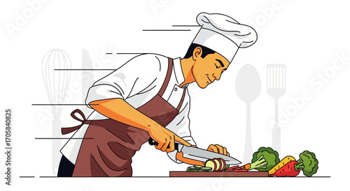 Artistic Chef Preparing Food in a Kitchen, Slicing Vegetables to Ready Delicious Dishes