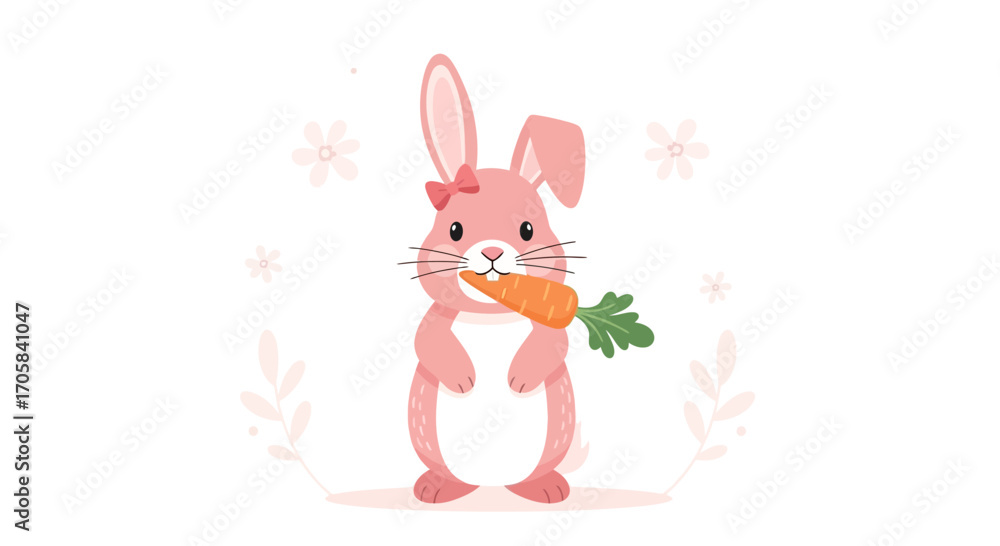 Obraz premium Adorable Bunny Ingesting Carrot Surrounded By Floral Embellishments On White Background