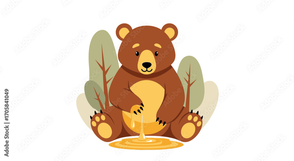 Obraz premium Adorable Cartoon Bear Enjoying Honey, Lovely Forest Scene, Flat Illustration Style
