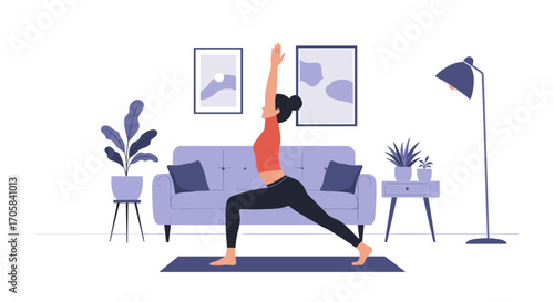 Woman practicing yoga at home in modern living room with minimalist decor