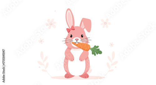 Adorable Bunny Ingesting Carrot Surrounded By Floral Embellishments On White Background