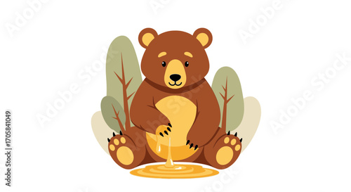 Adorable Cartoon Bear Enjoying Honey, Lovely Forest Scene, Flat Illustration Style