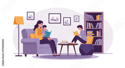 Family reading time in cozy living room with books and art decor