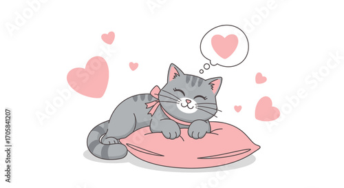 Adorable Cat Dreaming Of Love And Lying On A Pillow With Hearts Surrounding It