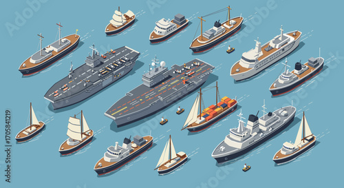 Isometric naval and cargo ships on blue ocean background