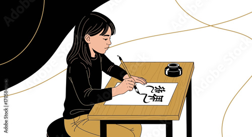 Asian Calligraphy Practice: Girl Focused on Mastering the Brushstroke Technique Art