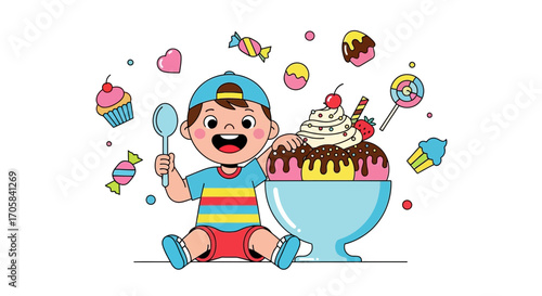 Adorable Child Embraces Sweet Temptation With Ice Cream, Candy, and Delightful Treats