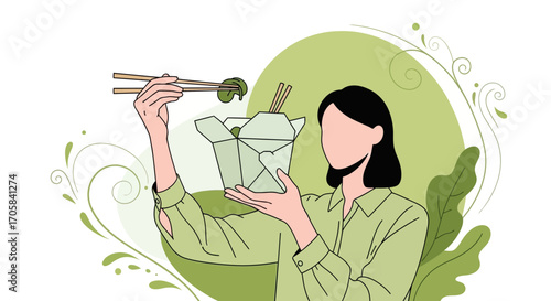 Asian Food Enjoyment: A Woman Indulges with Chopsticks and Noodles from Takeout Box