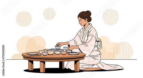 Asian Woman Arranging Elegant Teacups on a Low Table Preparing for a Tea Ceremony