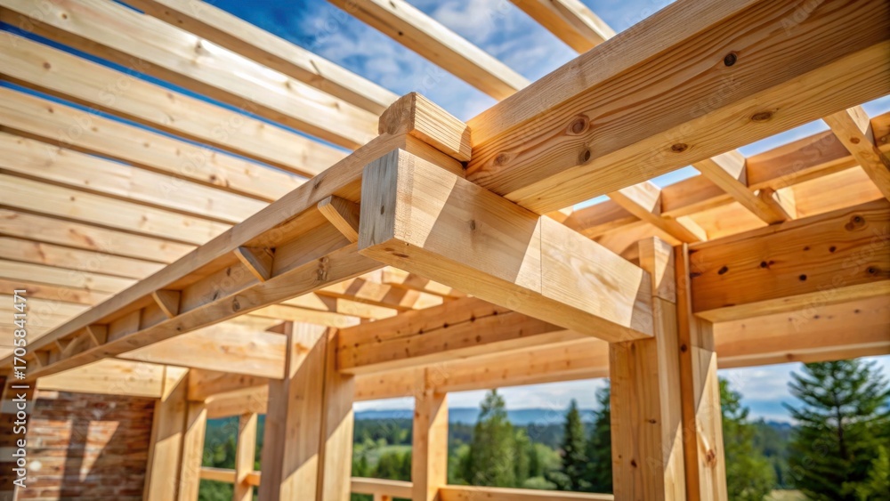 Fototapeta premium A wooden beam is placed across a rafter in a timber frame construction, building, woodworking, building