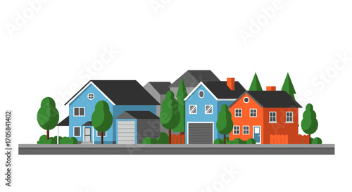 Colorful suburban neighborhood with modern houses and trees