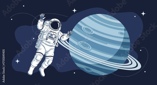 Astronaut Floating In Cosmic Space Near A Planetary Body With Celestial Rings