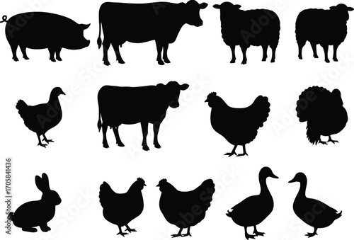 Farm animals silhouettes vector set including pig, cow, sheep, chicken, turkey, duck, rabbit, domestic livestock icons, agriculture illustration