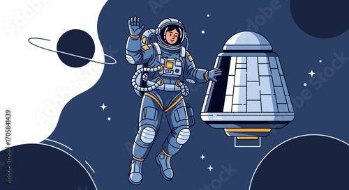 Astronaut Floating In Space Next To A Spacecraft And Celestial Bodies In A Unique Design