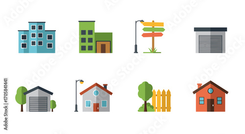 Charming urban and suburban elements: flat design buildings and houses