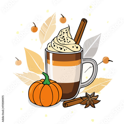 Pumpkin Spice Latte Vector Illustration — Autumn Coffee Mug with Whipped Cream, Cinnamon Stick, Pumpkin, and Fall Leaves