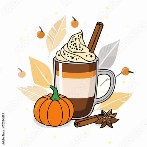 Pumpkin Spice Latte Vector Illustration — Autumn Coffee Mug with Whipped Cream, Cinnamon Stick, Pumpkin, and Fall Leaves