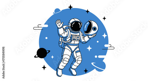 Astronaut Floating In Space, Waving And Holding Helmet, Cosmic Illustration