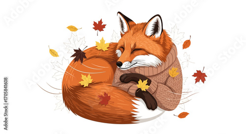 Adorable Fox Cozy Beneath Fall Leaves, Autumnal Embrace in Warm Clothing