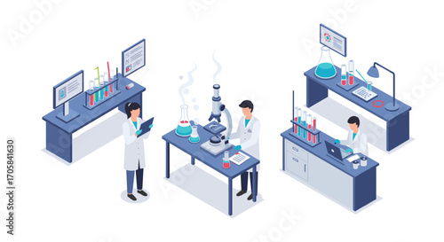 Isometric laboratory scene with scientists conducting experiments and analyzing data