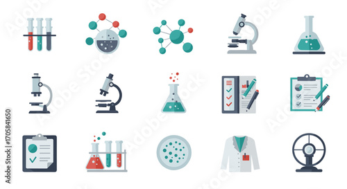 Science laboratory icons set: chemistry, biology, and research tools